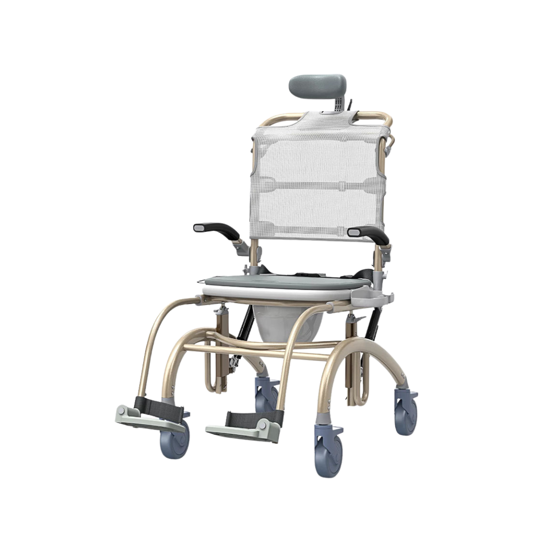 Introducing the Rolling 3-in-1 Reclining Shower Chair Commode | VOCIC XZY08 in beige and gray, featuring armrests, footrests, a padded headrest, caster wheels, and a removable commode bucket. This versatile mobility chair is designed to provide comfort and convenience for daily hygiene routines.